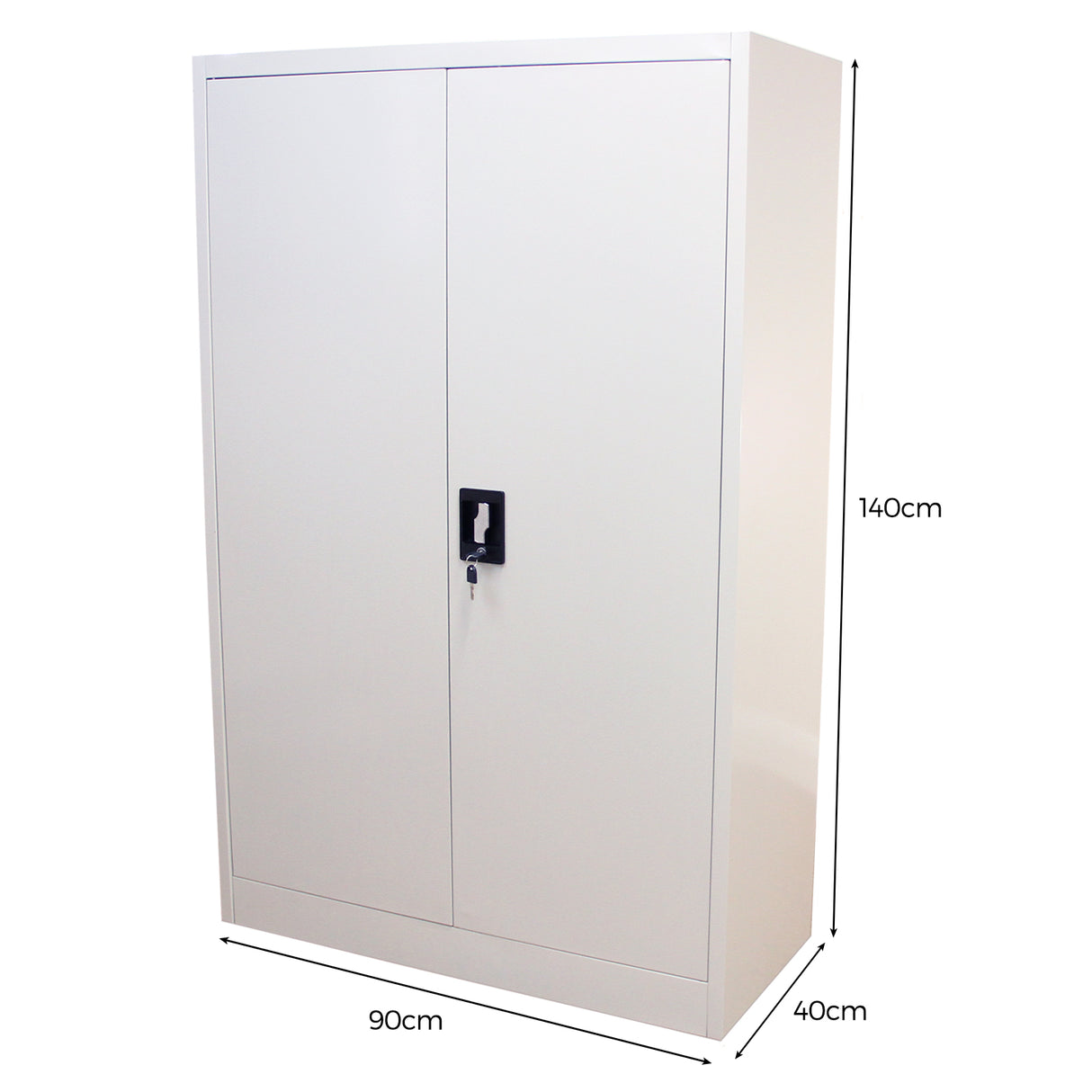 Armoire de classement métallique en acier gris clair, dimensions 140 cm de hauteur, 90 cm de largeur, 40 cm de profondeur, avec serrure intégrée