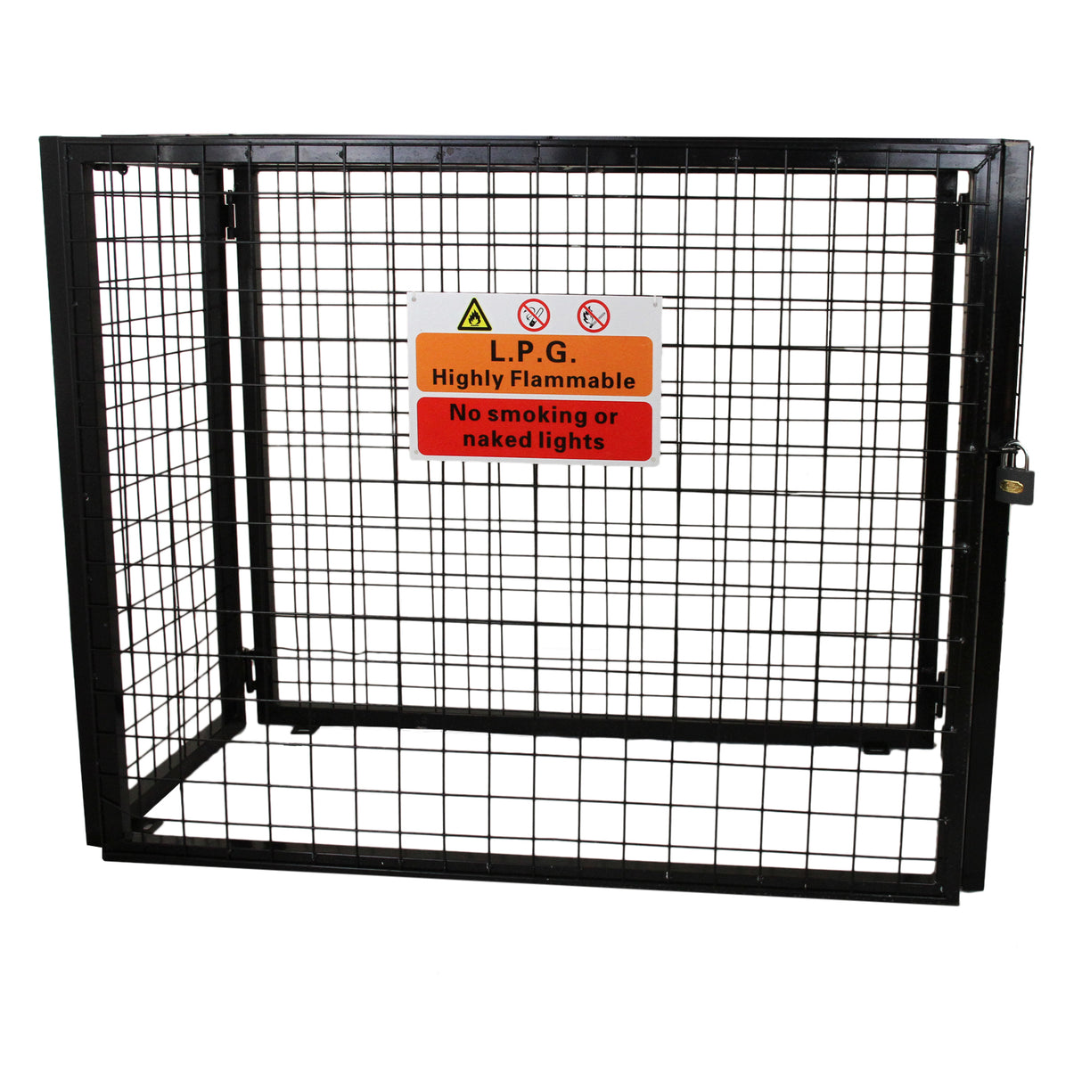 Cage métallique noire pour bouteilles de gaz, dimensions 49 x 87 x 90 cm, avec panneau d'avertissement et serrure sécurisée
