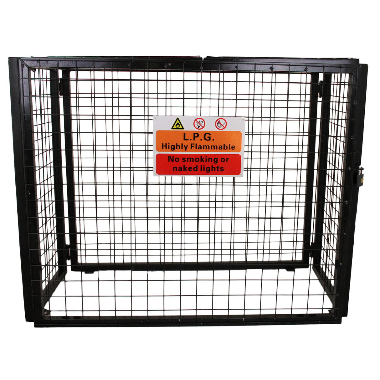 Cage métallique noir pour bouteilles de gaz, dimensions 49 x 87 x 90 cm, avec panneau d'avertissement sur les risques d'inflammabilité