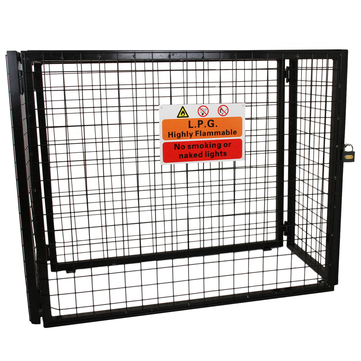 Cage métallique noir pour bouteilles de gaz, dimensions 49 x 87 x 90 cm, avec panneau d'avertissement sur la sécurité incendie