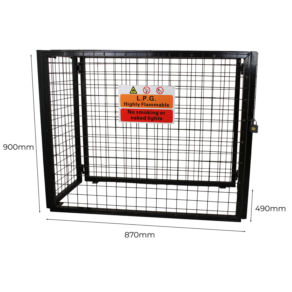 Cage métallique noir pour bouteilles de gaz, dimensions 49 x 87 x 90 cm, avec panneau d'avertissement sur la sécurité incendie