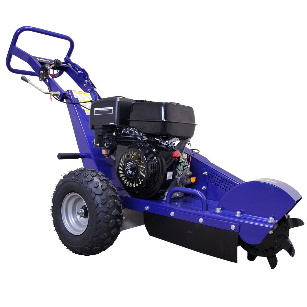 Fendeur de bûches T-Mech de couleur bleue, équipé d'un moteur puissant, roues robustes et lame tranchante pour couper efficacement le bois