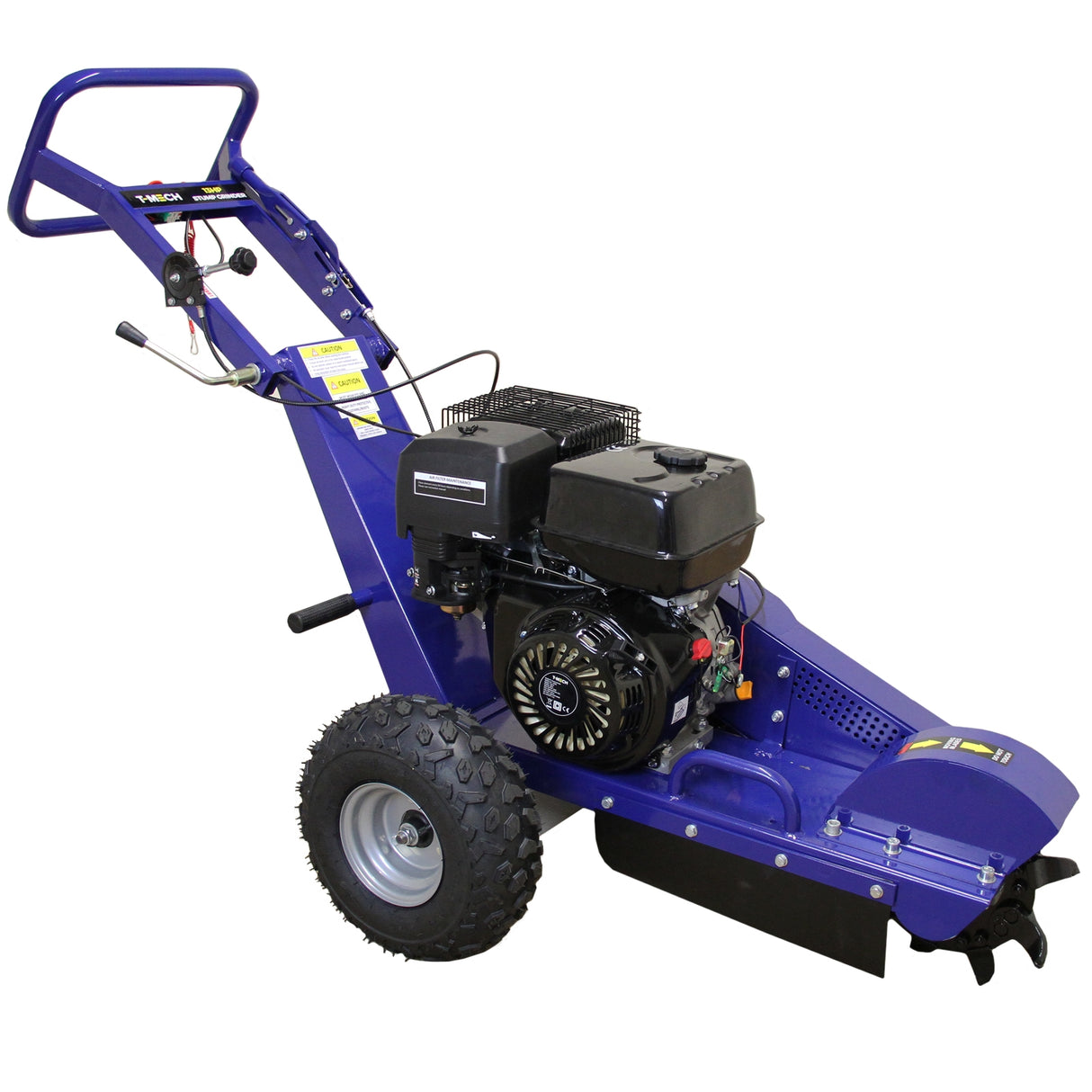 Fendeur de bûches et rogneuse de souches en bleu, avec moteur puissant, roues robustes et design compact pour un usage efficace