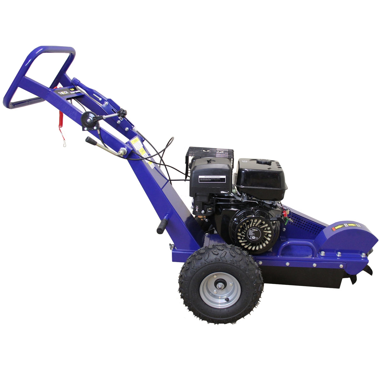 Fendeur de bûches et rogneuse de souches, couleur bleu vif, avec moteur puissant, roues robustes et design ergonomique pour un usage facile