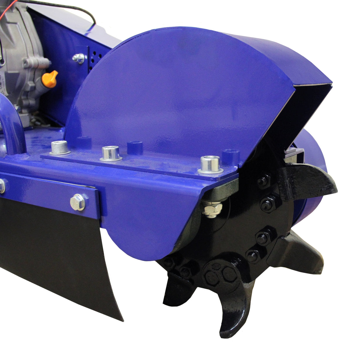 Fendeur de bûches T-Mech en bleu, avec lames noires et finitions métalliques, conçu pour un travail efficace et robuste en extérieur