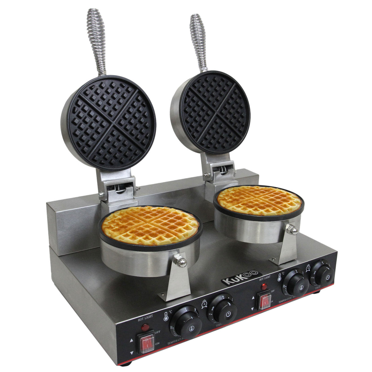 Gaufrier KuKoo en acier inoxydable avec deux moules, surface antiadhésive, boutons de contrôle et gaufres dorées croustillantes