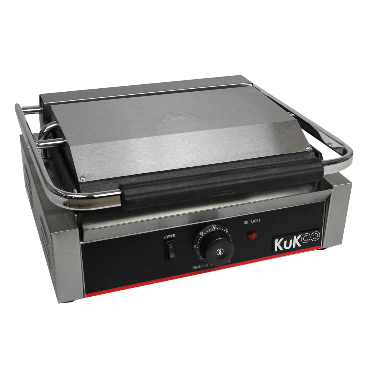Presse à panini KuKoo en acier inoxydable avec plaques rainurées, bouton de température et design compact pour une cuisson efficace