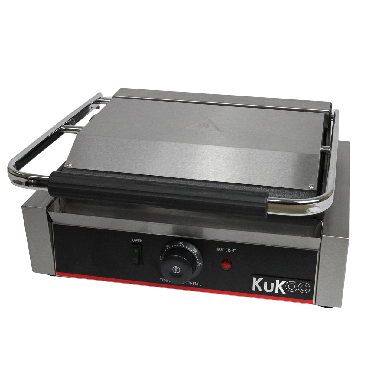 Presse à panini KuKoo en acier inoxydable avec plaques rainurées, boutons de contrôle et lumière indiquant la chaleur, design moderne et robuste