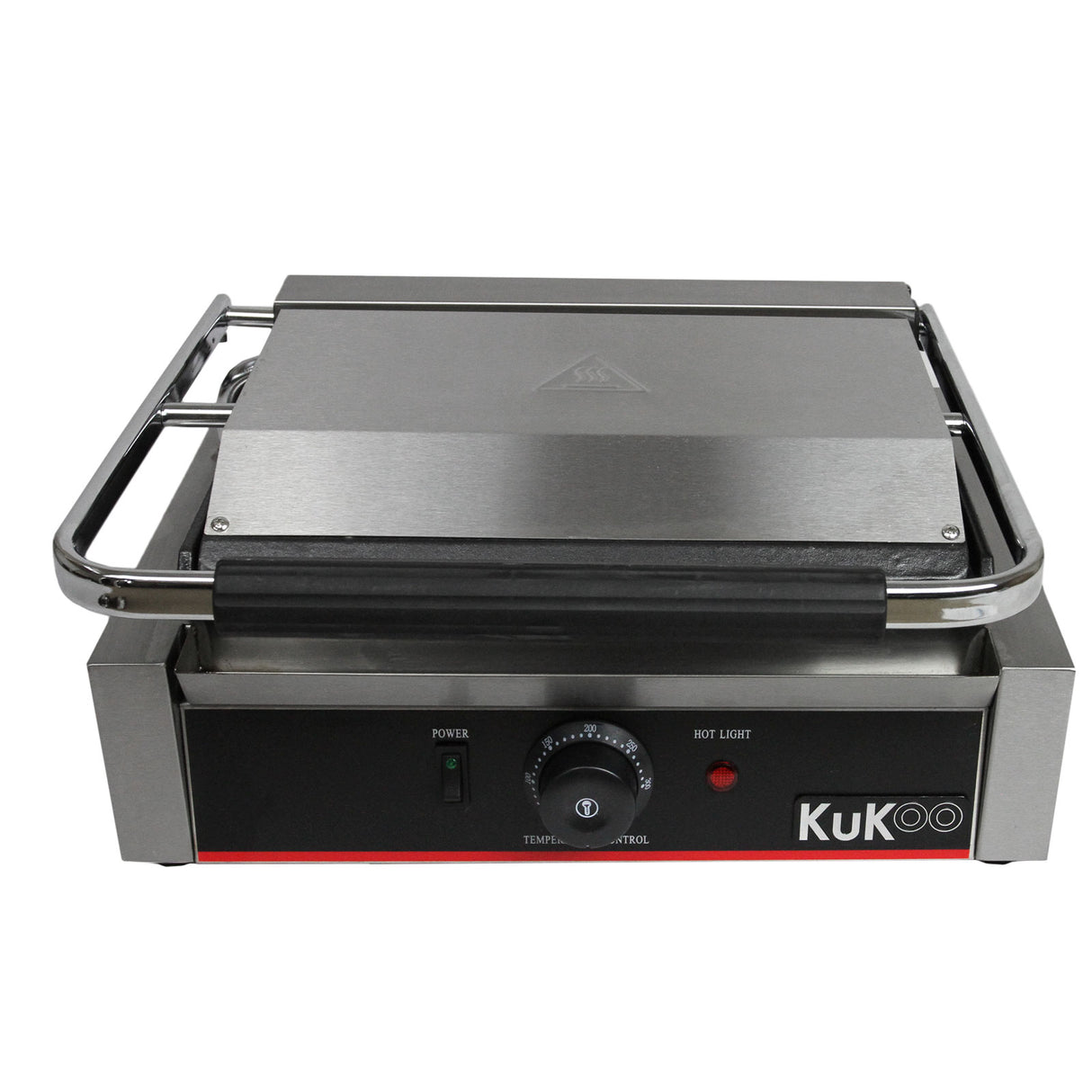 Presse à panini KuKoo en acier inoxydable avec plaques rainurées, boutons de contrôle de température et indicateur lumineux rouge