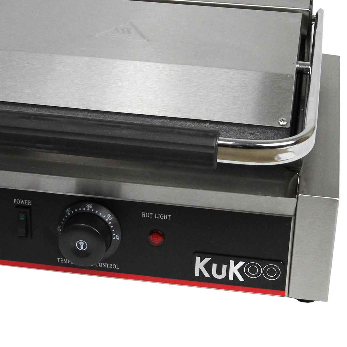 Presse à panini KuKoo avec plaques rainurées en acier inoxydable, bouton de contrôle de température et indicateur lumineux rouge