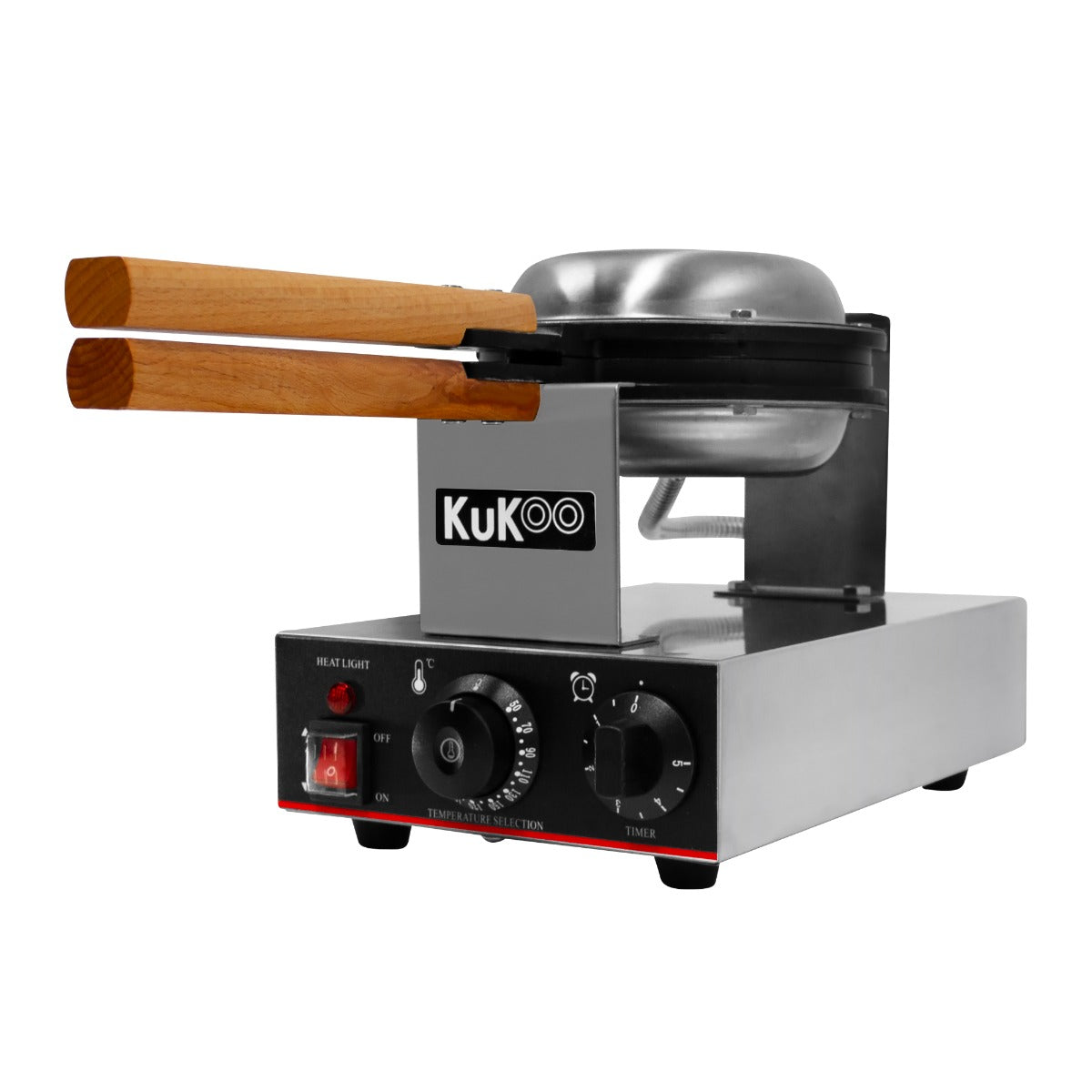 Gaufrier KuKoo en acier inoxydable avec poignées en bois, boutons de contrôle et minuterie, idéal pour préparer des croque-monsieur