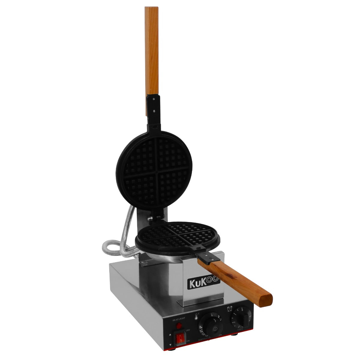 Gaufrier KuKoo en acier inoxydable avec poignée en bois, plaques rondes texturées pour croque monsieur, boutons de contrôle en façade
