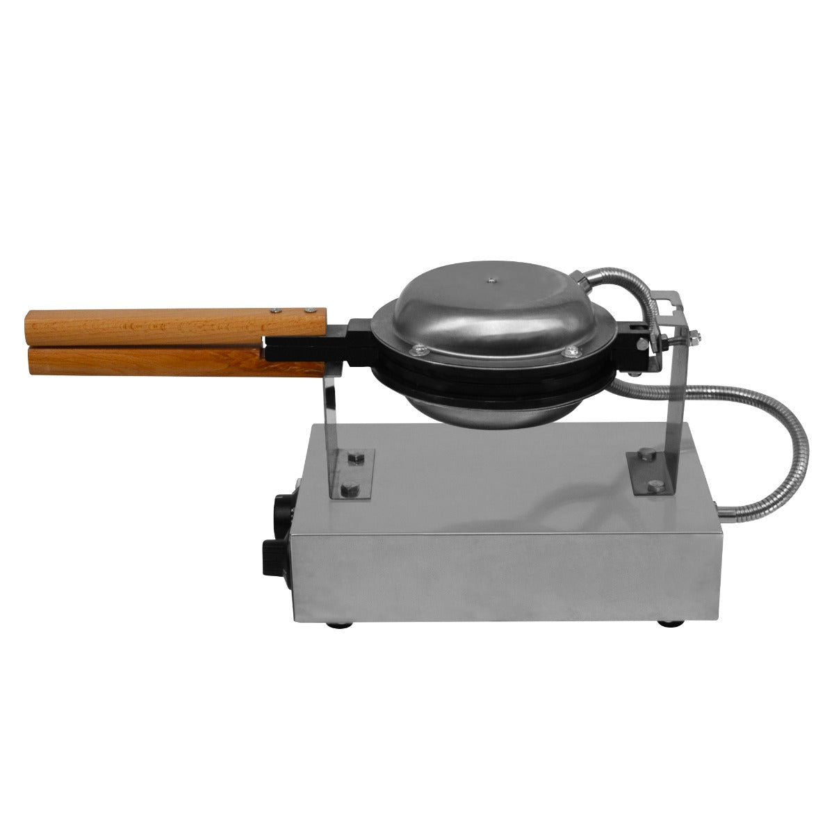 Gaufrier KuKoo en acier inoxydable avec poignées en bois, design compact et élégant, idéal pour préparer des croque-monsieur savoureux