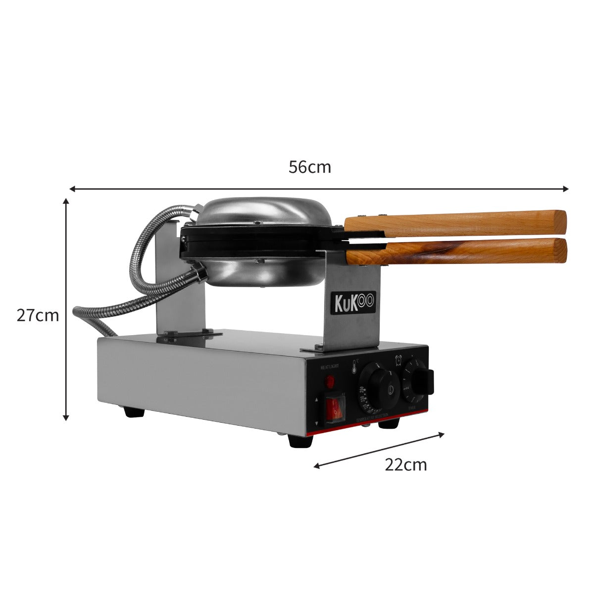 Gaufrier KuKoo en acier inoxydable avec poignées en bois, dimensions 56 cm x 22 cm x 27 cm, idéal pour préparer des croque-monsieur délicieux