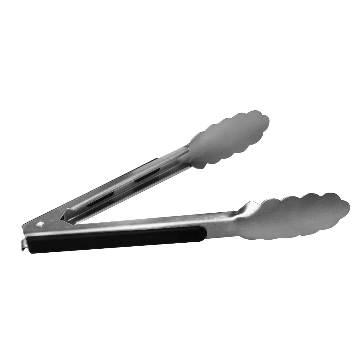 Pinces en acier inoxydable avec poignées noires, idéales pour manipuler des aliments chauds, avec une texture lisse et des bords ondulés