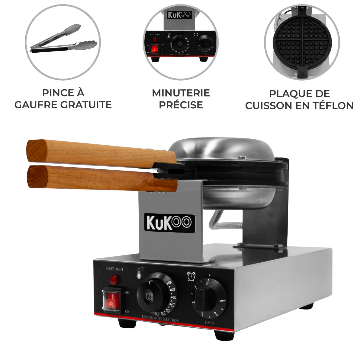 Gaufrier KuKoo en acier inoxydable avec plaque en téflon, poignées en bois, minuterie précise et pince à gaufre incluse