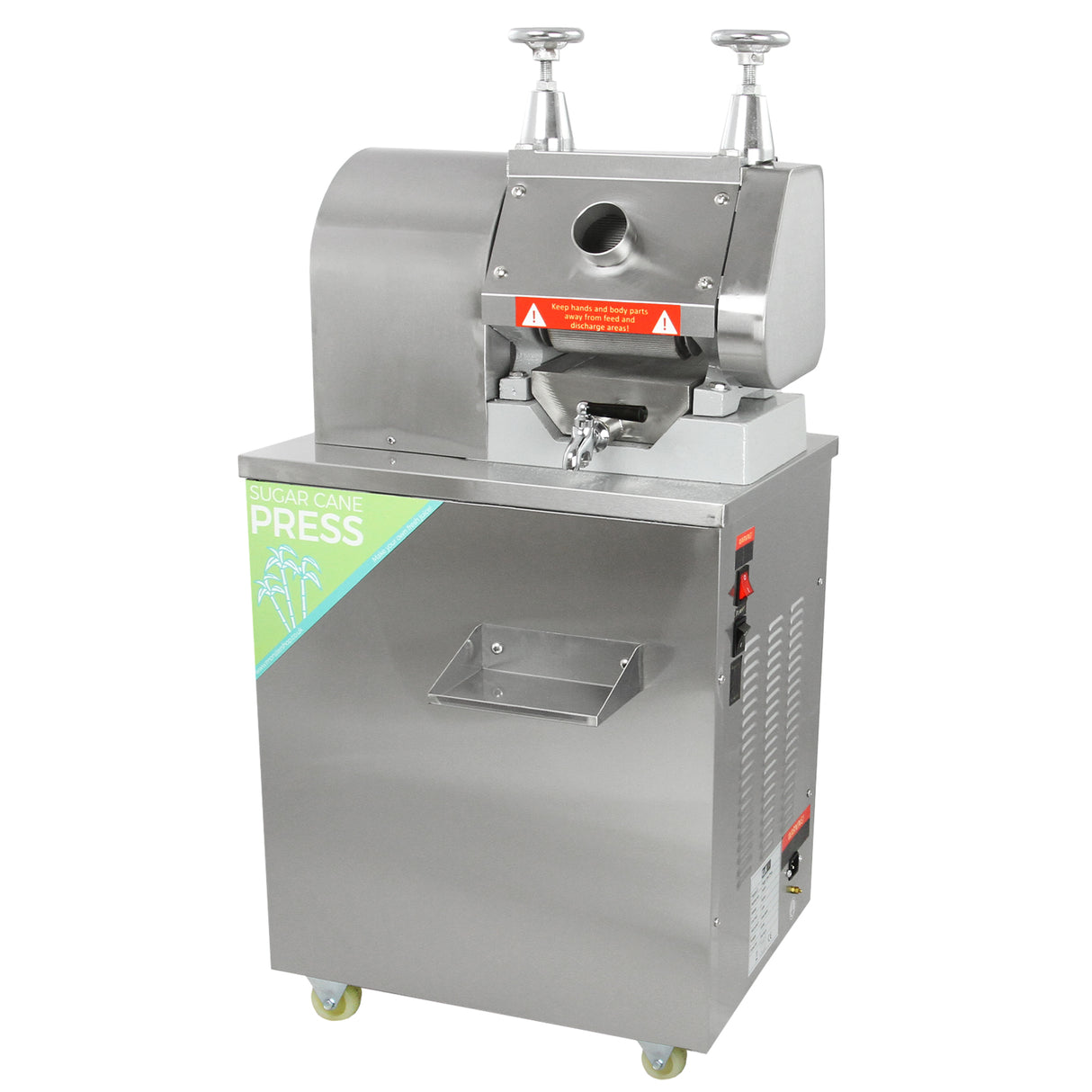 Presse à canne à sucre en acier inoxydable, avec un design moderne, boutons de contrôle et un réservoir pour le jus extrait