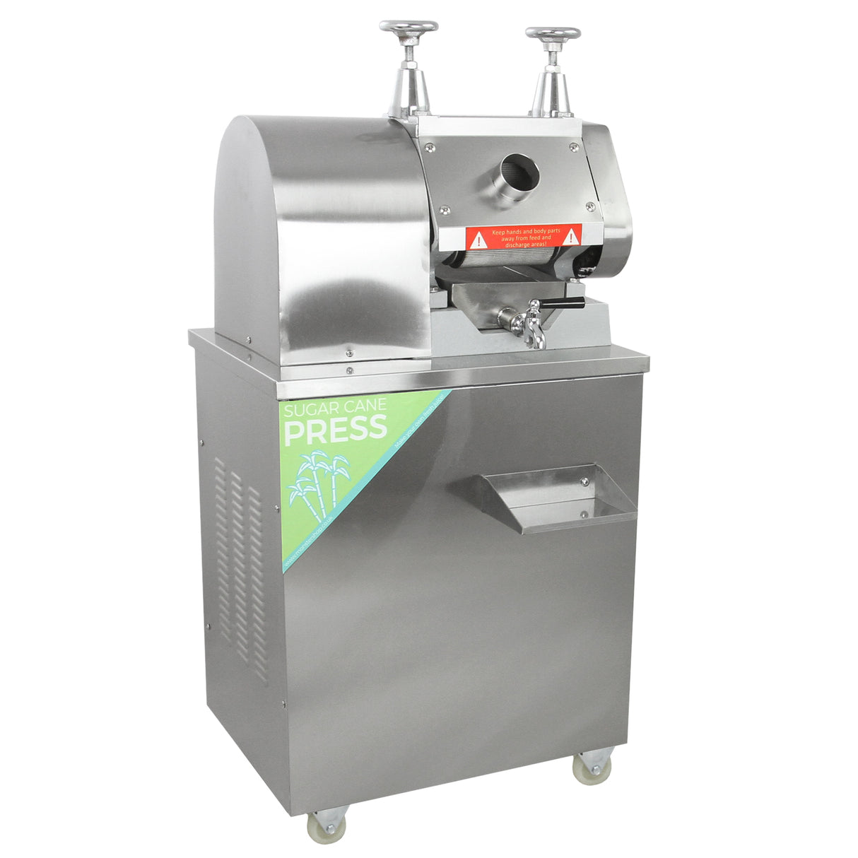 Presse à canne à sucre en acier inoxydable, avec un design moderne, boutons chromés, et un réservoir pour recueillir le jus