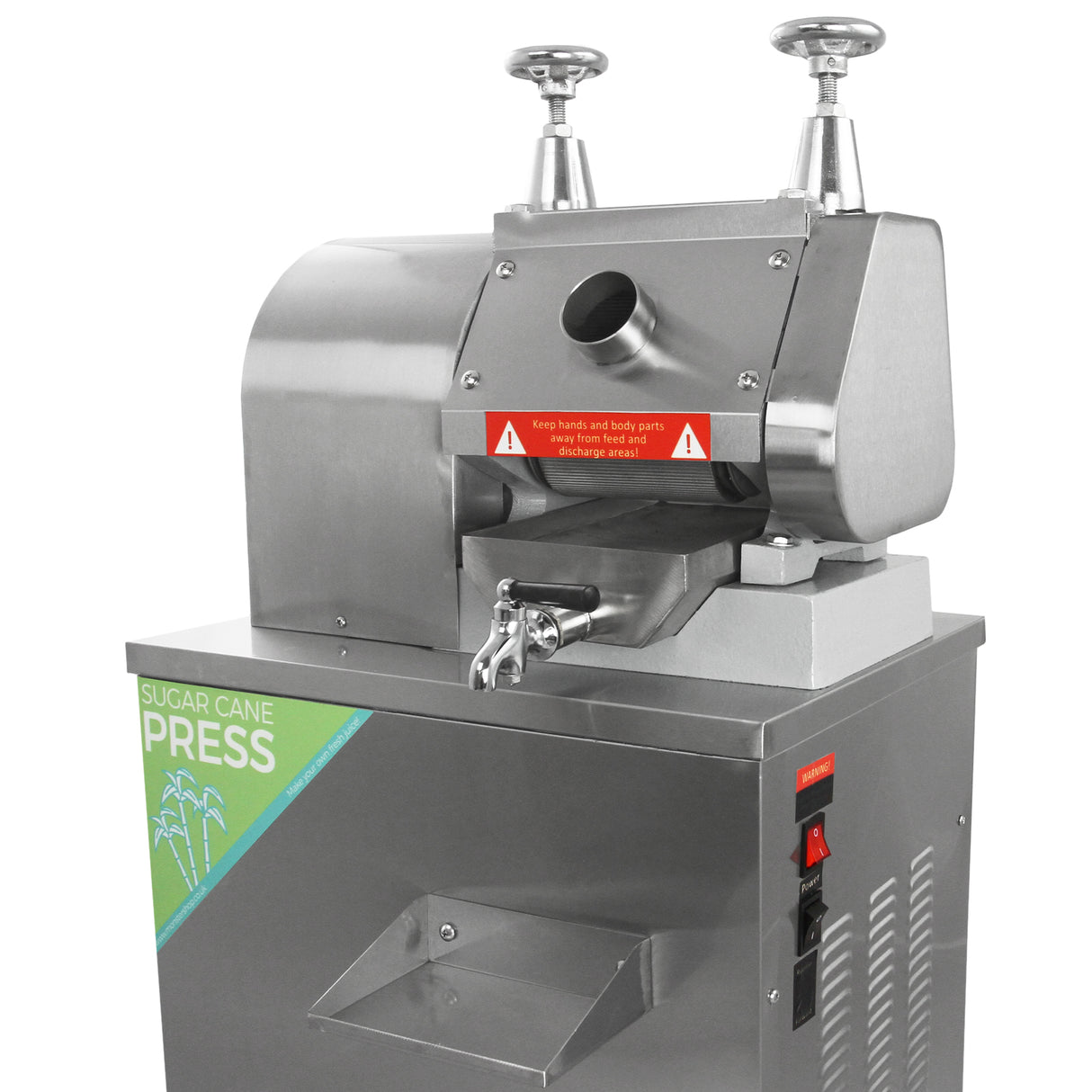 Presse à canne à sucre en acier inoxydable, avec deux robinets, un design moderne et une finition lisse, idéale pour extraire le jus