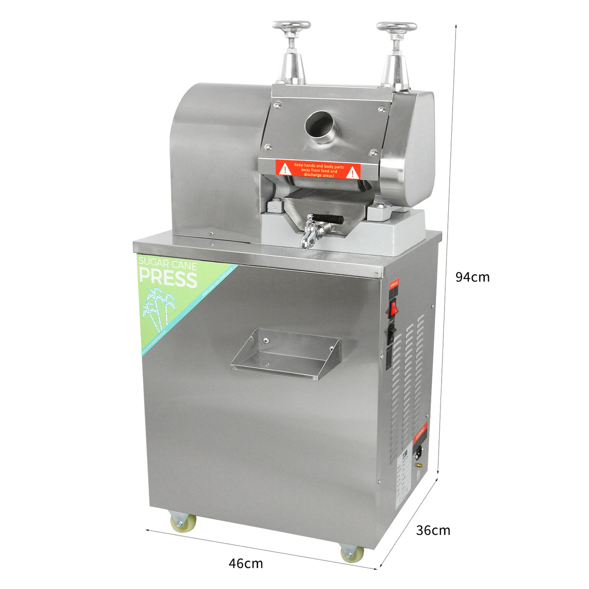 Presse à canne à sucre en acier inoxydable, avec un design moderne, des boutons de commande et un robinet pour le jus frais