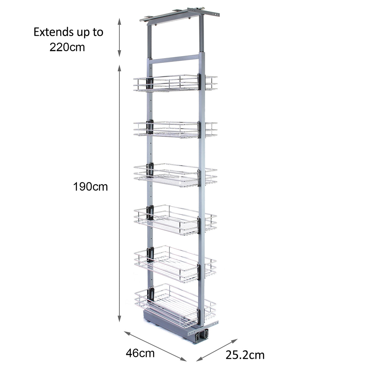 Garde-manger coulissant en métal argenté, extensible de 190 à 220 cm, avec six étagères en fil métallique pour un rangement optimal