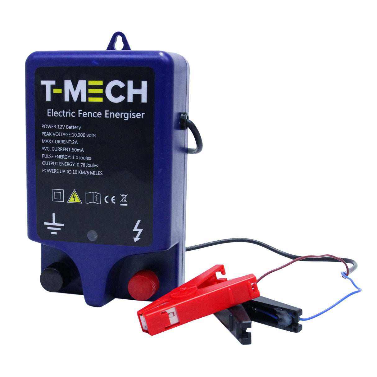 Énergiseur de clôture T-Mech, boîtier bleu avec connecteurs rouge et noir, conçu pour alimenter des clôtures électriques jusqu'à 10 km
