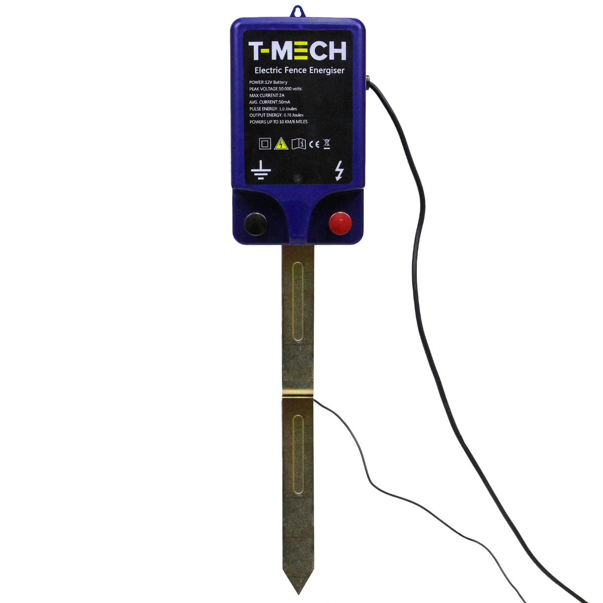 Énergiseur de clôture T-Mech avec boîtier bleu, tige métallique dorée et câble noir, conçu pour une utilisation extérieure sécurisée