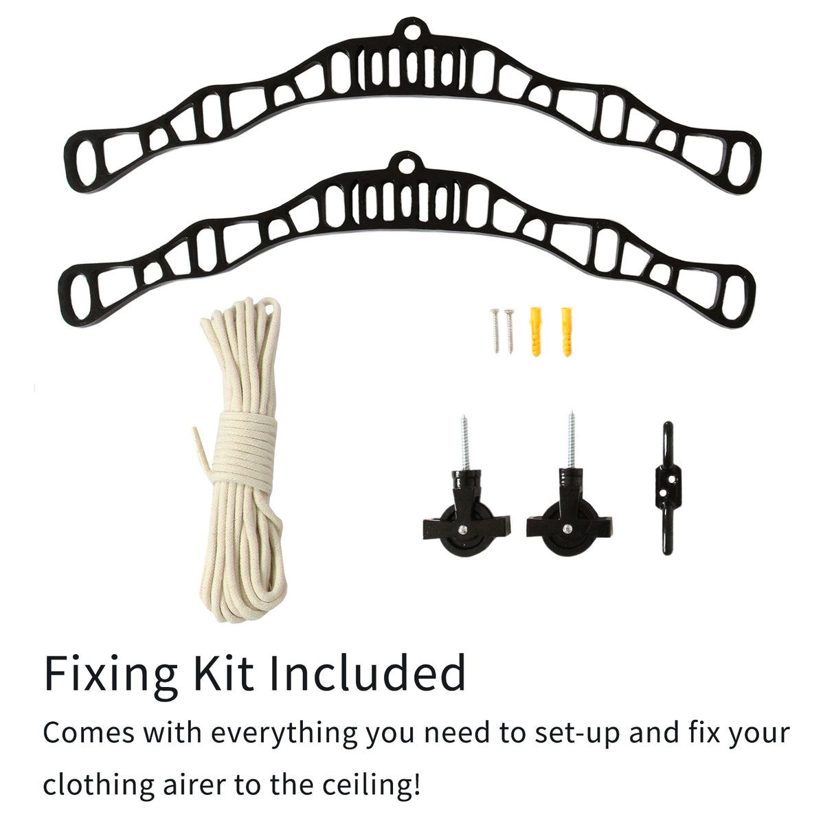 Kit de fixation pour étendoir à linge suspendu, comprenant cordes, vis et supports, tout en noir, conçu pour un montage facile au plafond