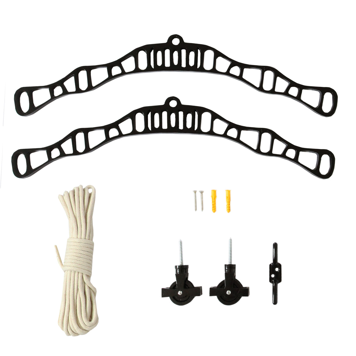 Étendoir à linge suspendu noir de 1,8 m avec cordes, supports et vis, conçu pour un séchage efficace et pratique