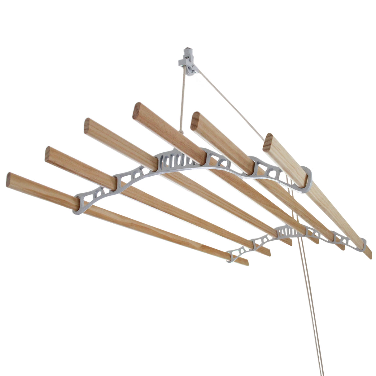 Étendoir à linge suspendu de 1,4 m, structure blanche avec barres en bois, design moderne et pratique pour un séchage efficace