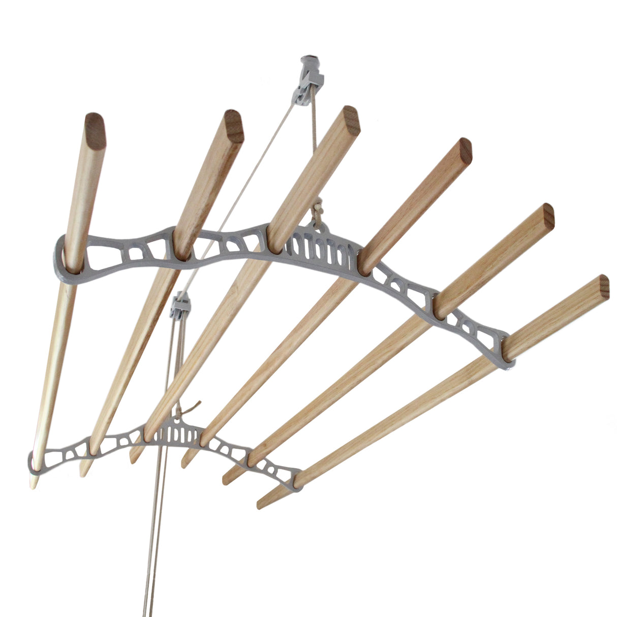 Etendoir à linge suspendu blanc de 1,8 m avec barres en bois lisses, design moderne et structure légère en métal, idéal pour le séchage
