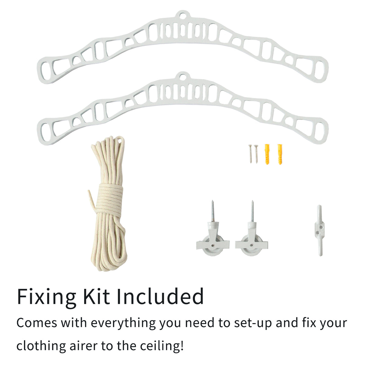 Kit de fixation blanc comprenant des supports, des vis et une corde pour installer un étendoir à linge suspendu de 1,8 m