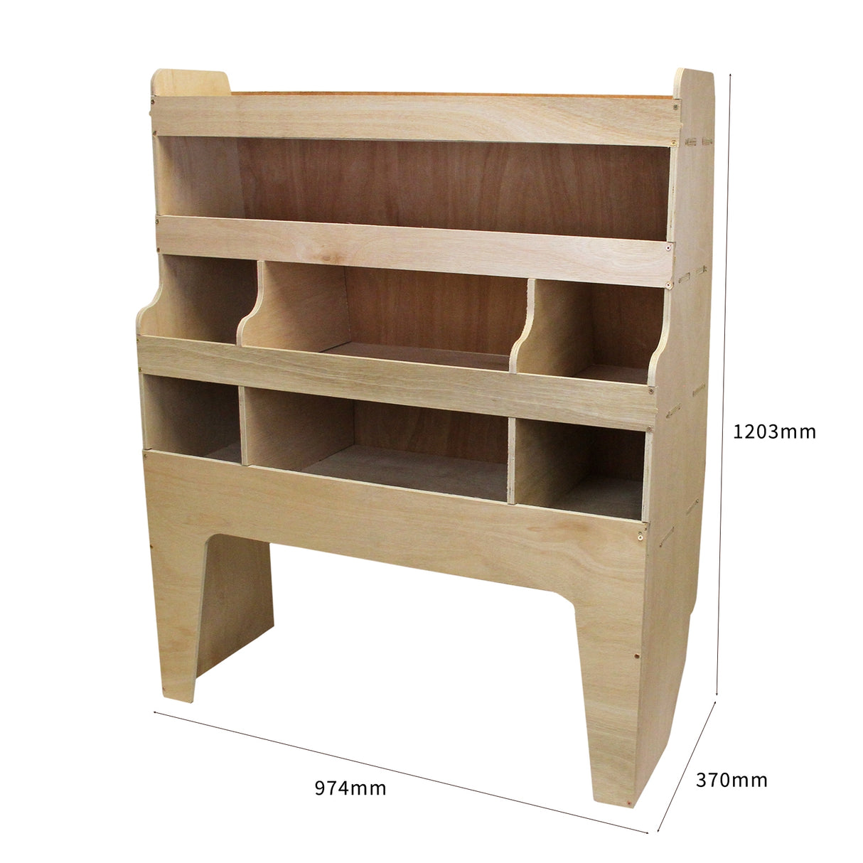 Rangement en MDF naturel avec plusieurs compartiments, finition lisse, conçu pour s'intégrer dans un VW Transporter, dimensions 1203mm x 974mm x 370mm