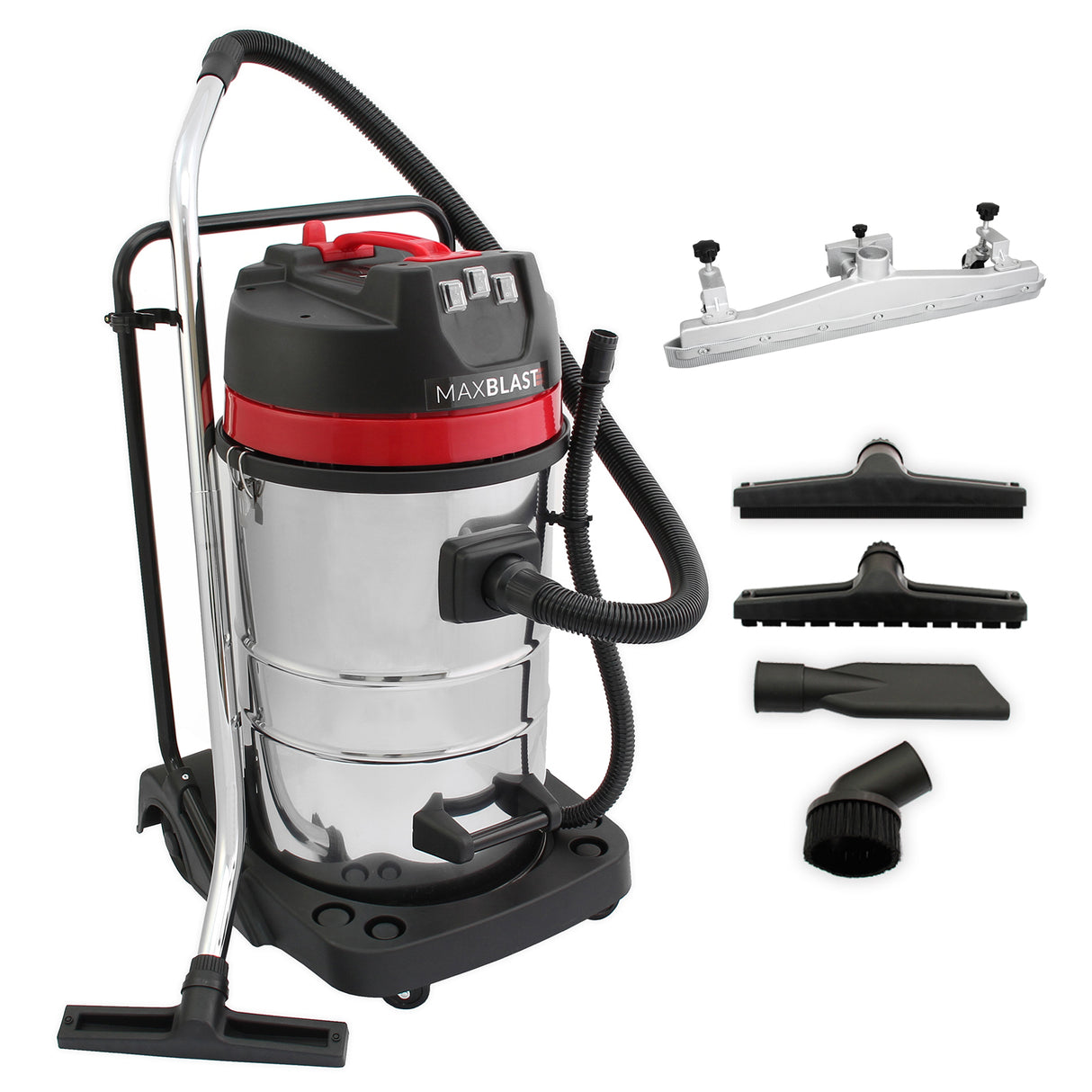 Aspirateur industriel MAXBLAST de 80 L en acier inoxydable avec accessoires en plastique noir et argent, idéal pour un nettoyage puissant