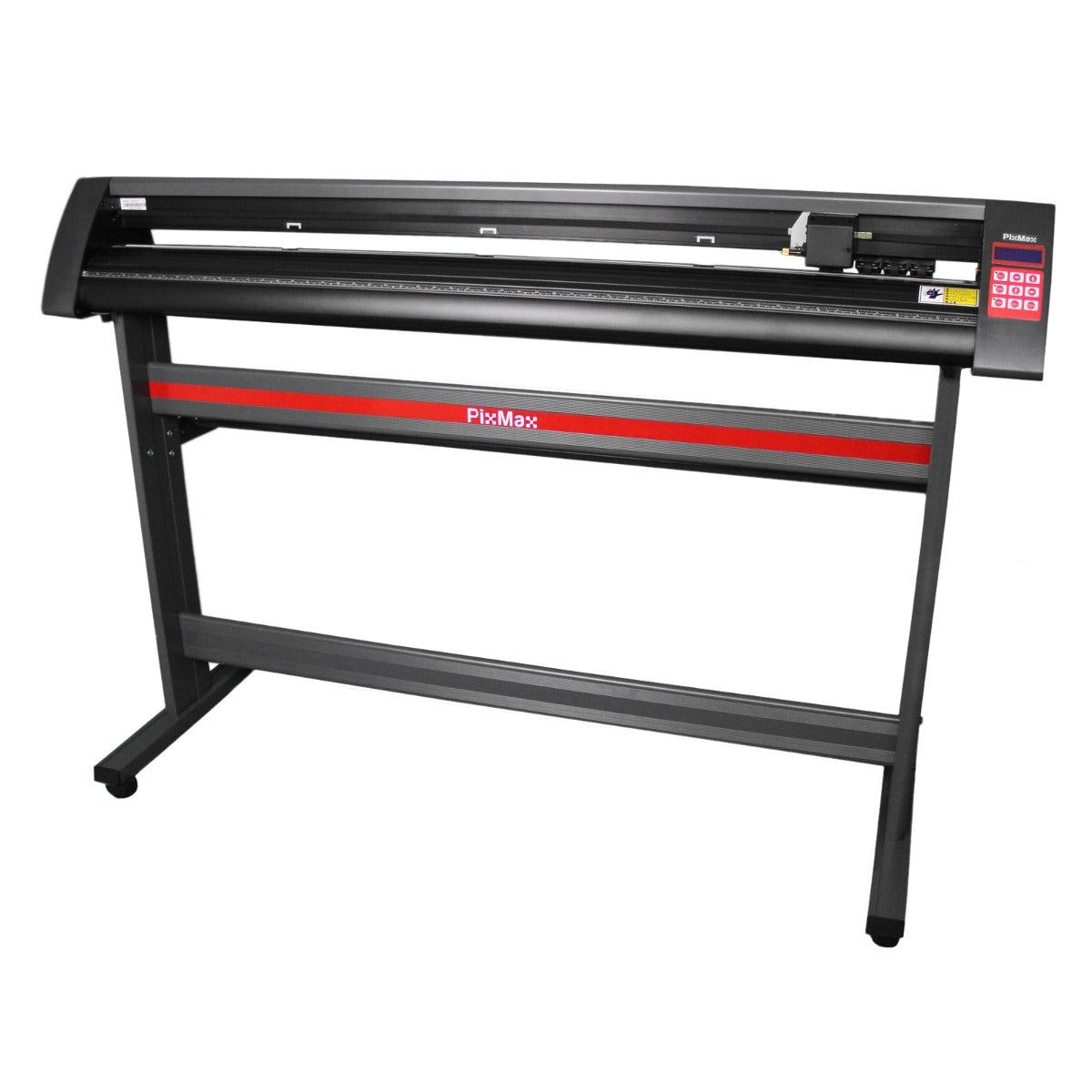 Découpe vinyle PixMax de 135 cm sur support, finition noire avec accents rouges, conçu pour des découpes précises et professionnelles