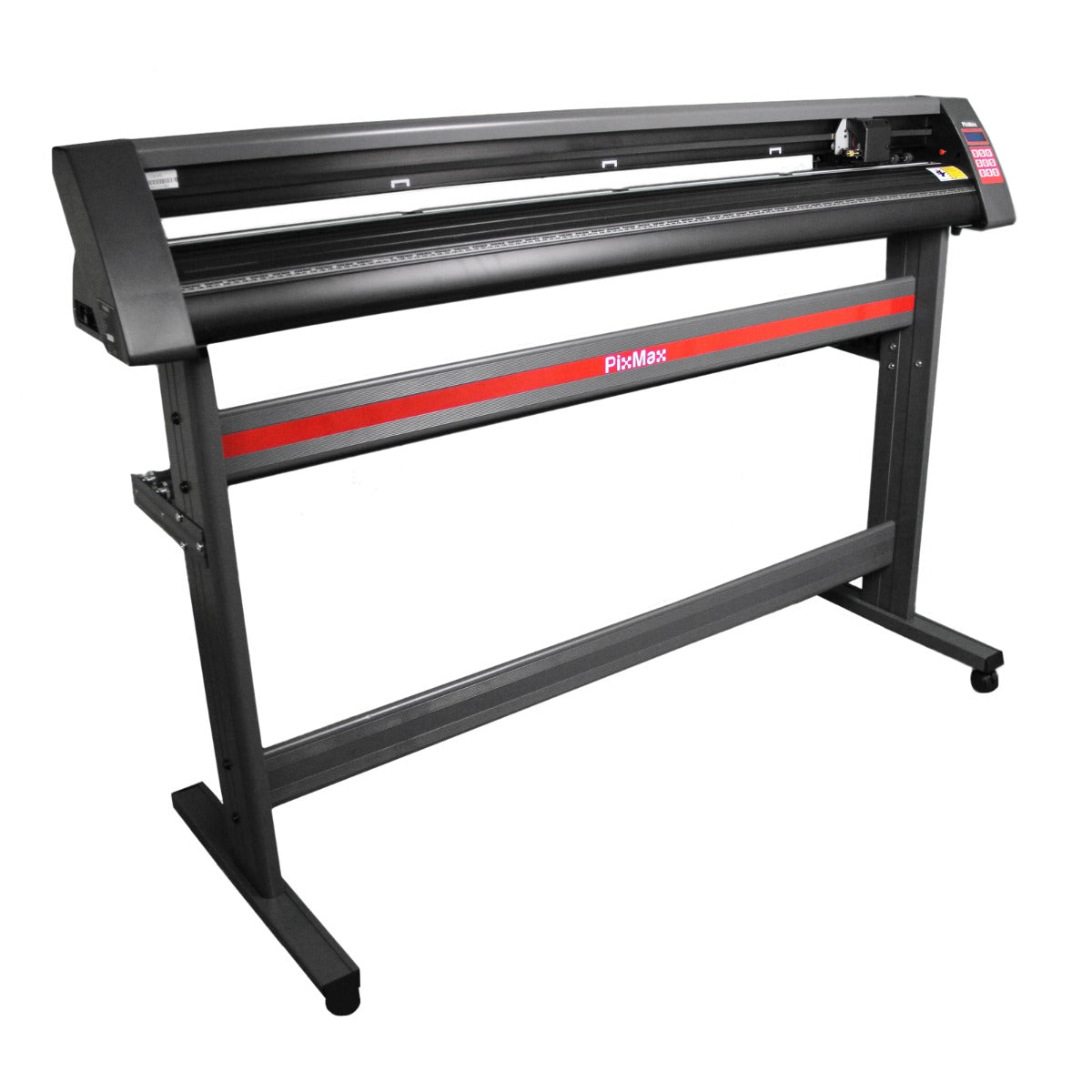 Découpe vinyle PixMax de 135 cm avec un stand robuste, finition noire mate et bande rouge, conçu pour des découpes précises et professionnelles