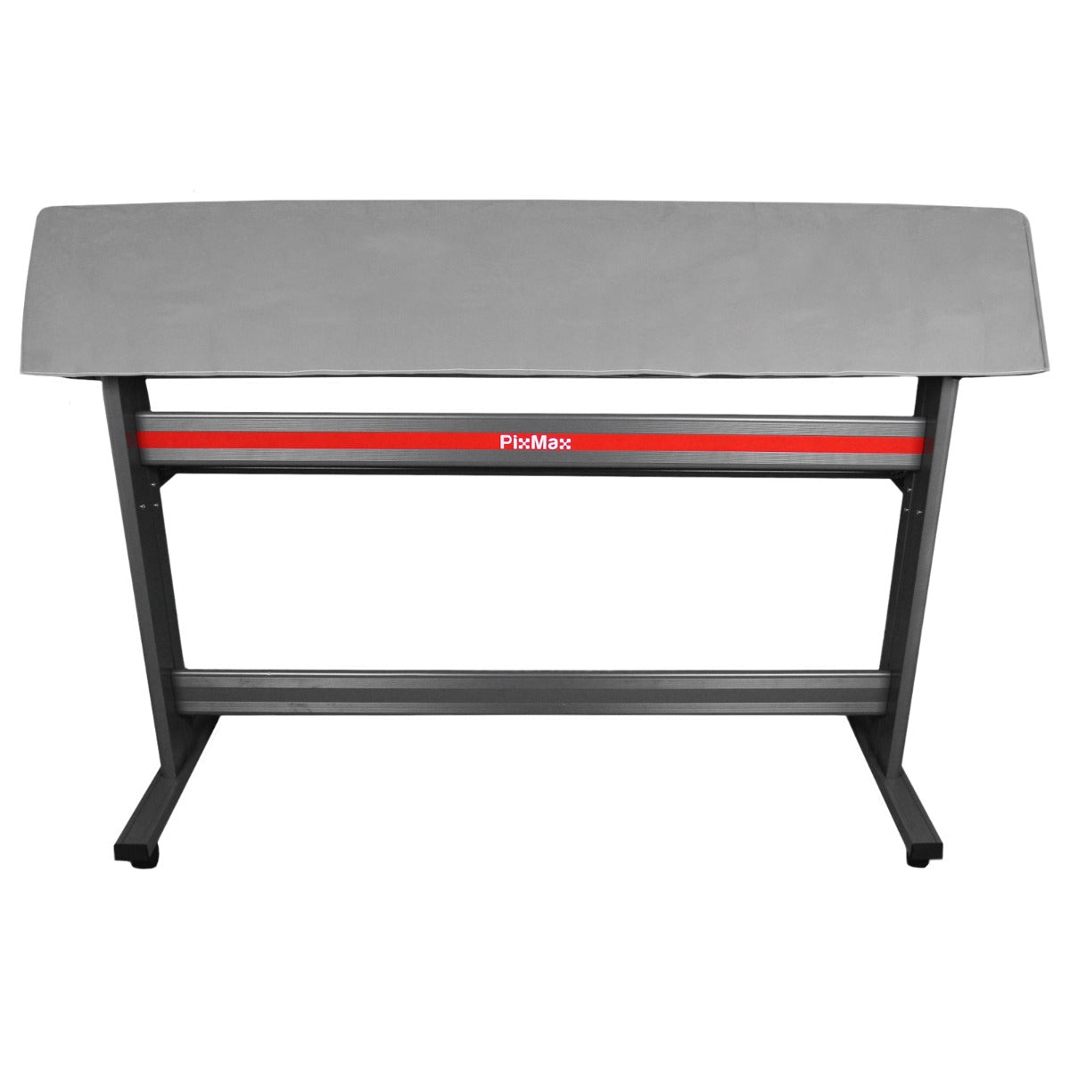 Table de découpe PixMax de 135 cm avec surface grise lisse, cadre noir robuste et bande rouge décorative, idéal pour le vinyle