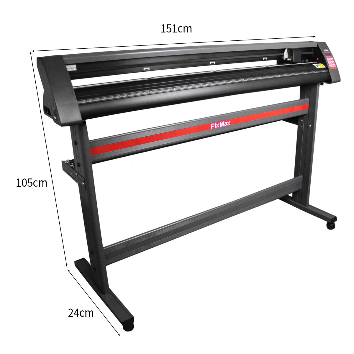 Découpe vinyle PixMax de 135 cm avec support, finition noire et rouge, design robuste et dimensions de 151 x 105 x 24 cm