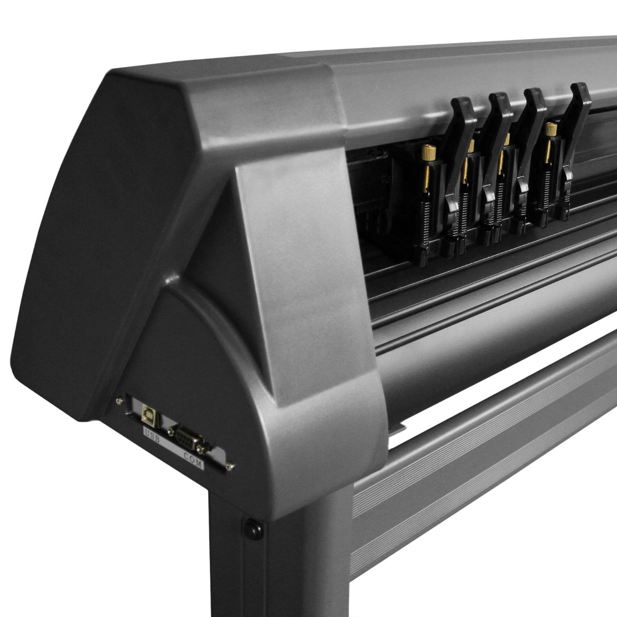 Découpe vinyle PixMax de 135 cm avec un stand robuste, finition grise, présentant des rouleaux de coupe et des commandes accessibles
