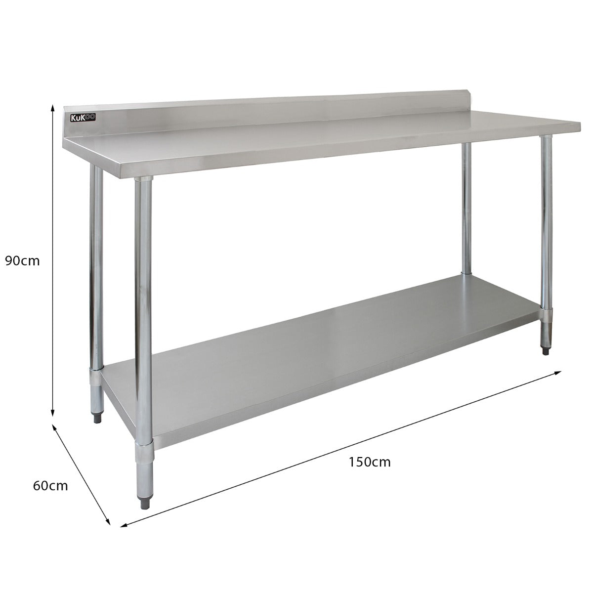 Plan de travail en inox de 150 cm, surface lisse et brillante, avec deux étagères murales, idéal pour les cuisines professionnelles