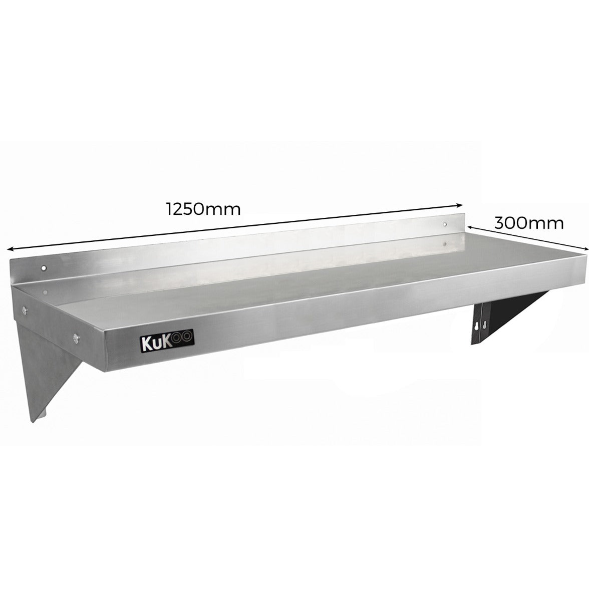 Plan de travail en inox de 150 cm avec finition lisse, accompagné de deux étagères murales robustes et élégantes en métal argenté
