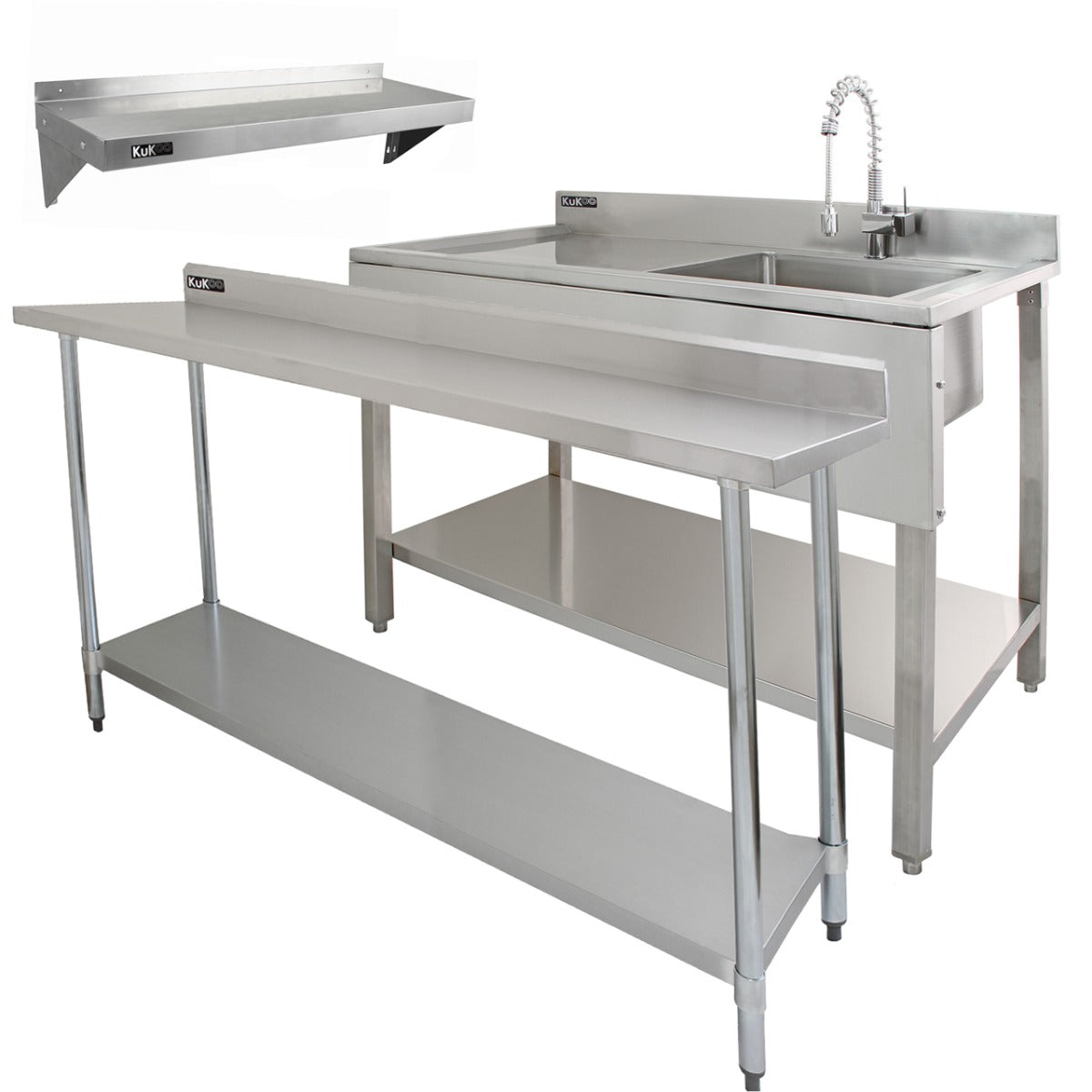 Plan de travail en inox de 180 cm avec évier à gauche, robinet moderne et étagère murale, surface lisse et brillante