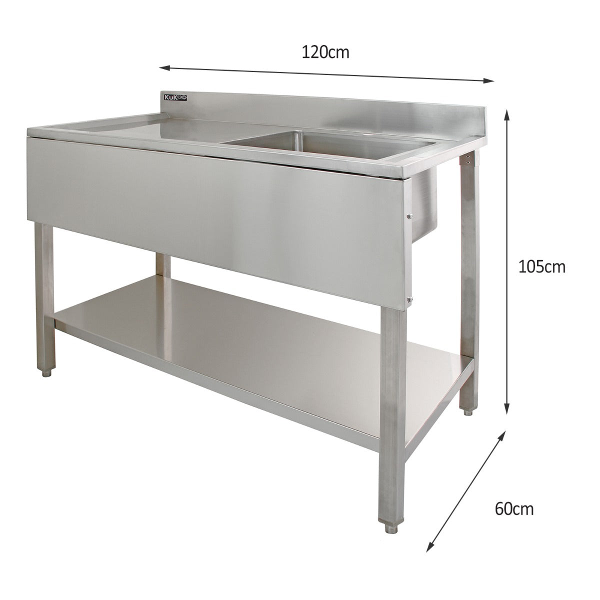 Plan de travail en inox de 180 cm avec évier à égouttoir à gauche et étagère murale, finition lisse et brillante, robuste et moderne