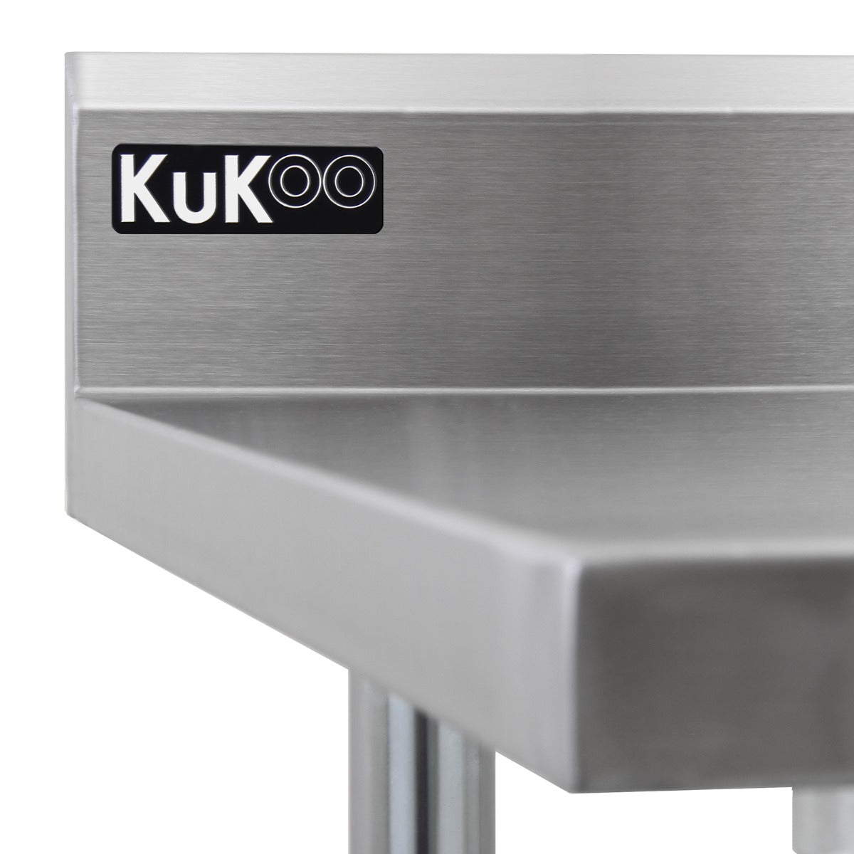 Plan de travail en inox de 180 cm avec évier à égouttoir à gauche, surface lisse et finition brillante, logo KuKoo visible