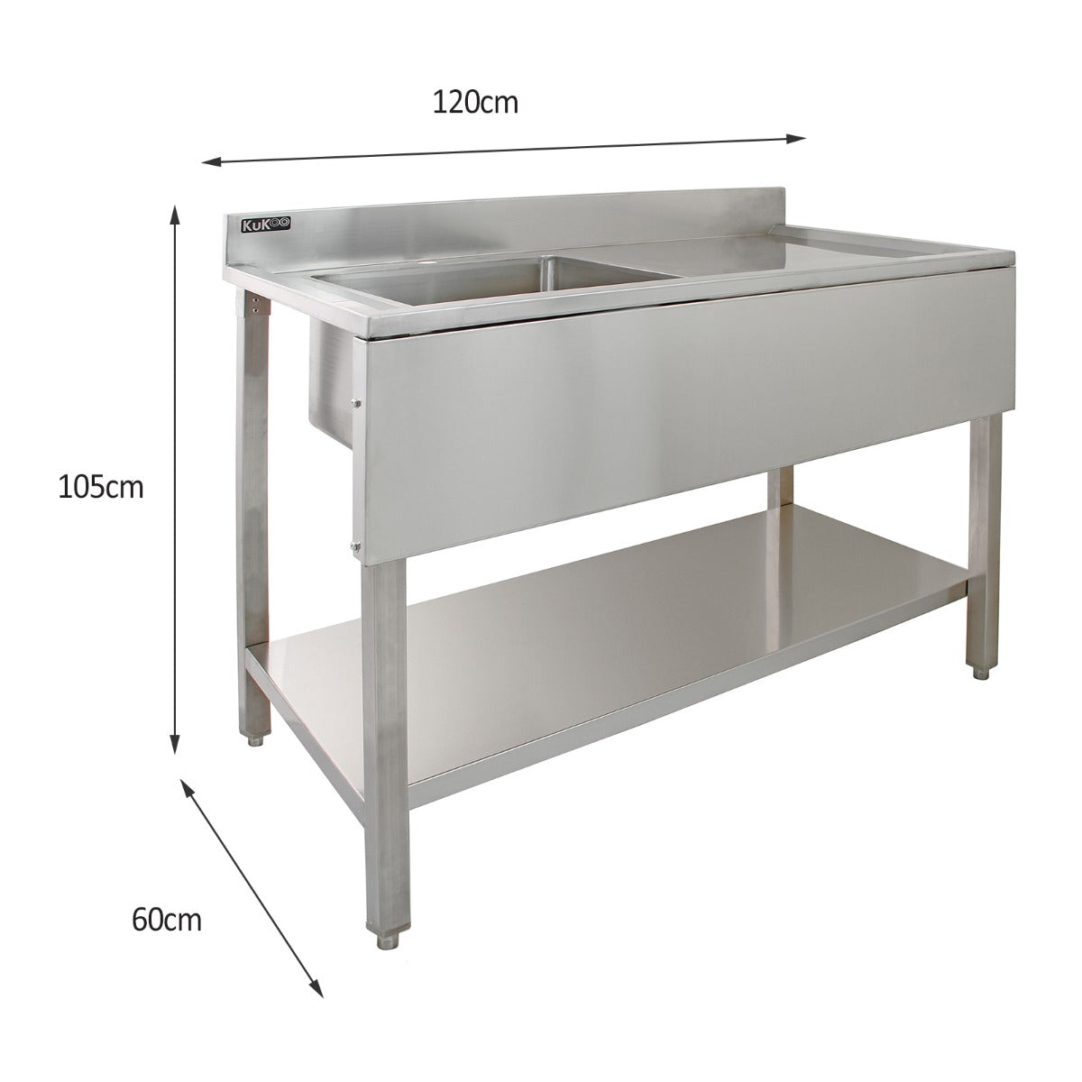 KuKoo Lot de Plan de Travail 150 cm, Évier d'Égouttoir à Droite, 2 Robinets & Étagère Murale en Inox
