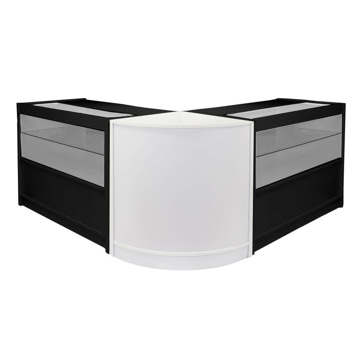 Ensemble de comptoirs de vente en noir et blanc, avec surfaces lisses, vitrines en verre et design moderne en forme de L