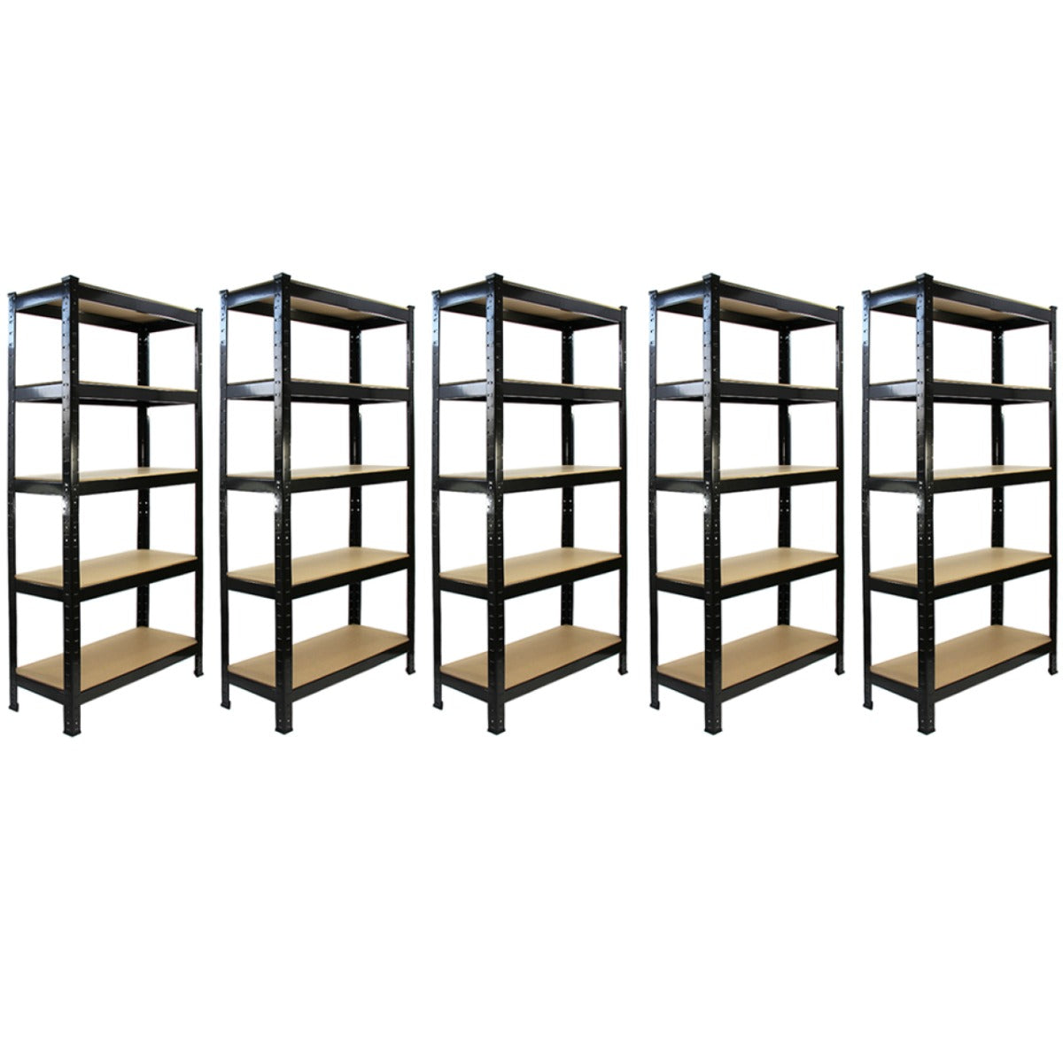 Rayonnages T-Rax en acier noir, 5 unités, dimensions 75cm x 30cm x 150cm, étagères robustes avec surfaces en bois clair