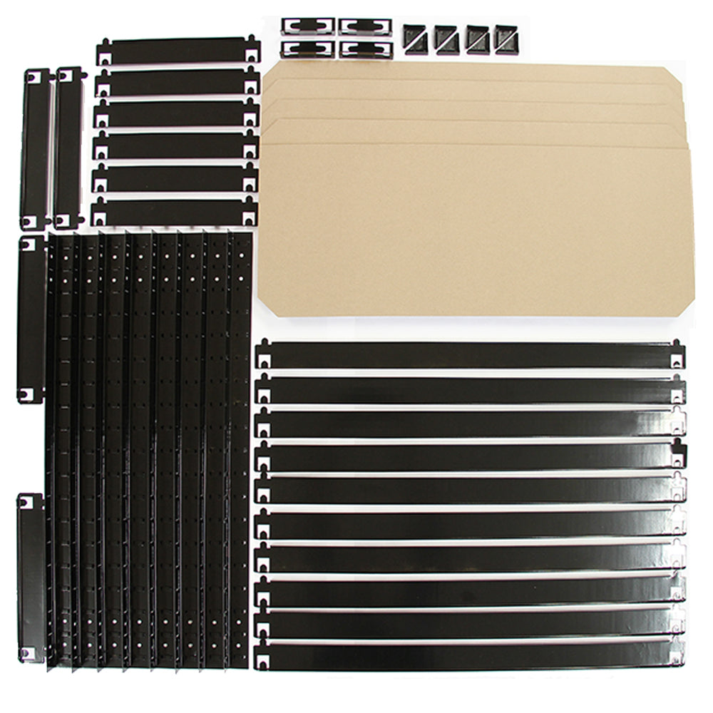 Rayonnages T-Rax en acier noir, pièces de 75cm x 30cm x 150cm, avec surface lisse et finition durable, idéal pour le rangement