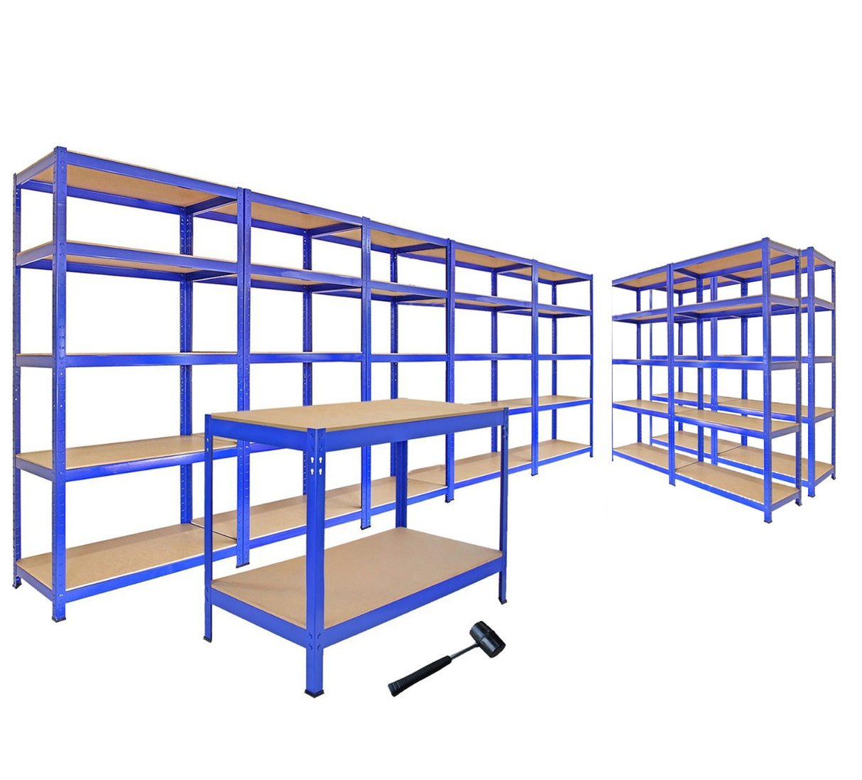 Monster Racking - 5 Rayonnages T-Rax de 75cm, 2 Rayonnages T-Rax de 90cm en Acier Bleu & 1 Établi Q-Rax en Acier Bleu 120cm