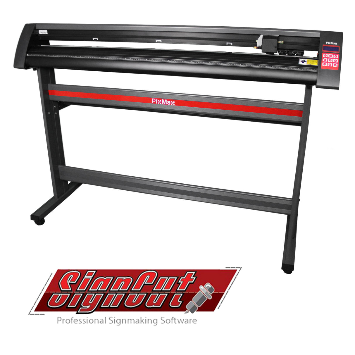 Plotter de découpe vinyle PixMax de 151 cm, structure noire robuste avec écran de contrôle rouge et logiciel SignCut Pro en bas